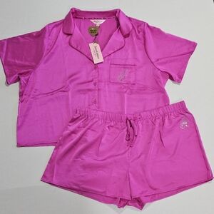 Juicy Couture Pajama Set Hot Magenta Pink Silky Rhinestone PJ Lounge Short Large